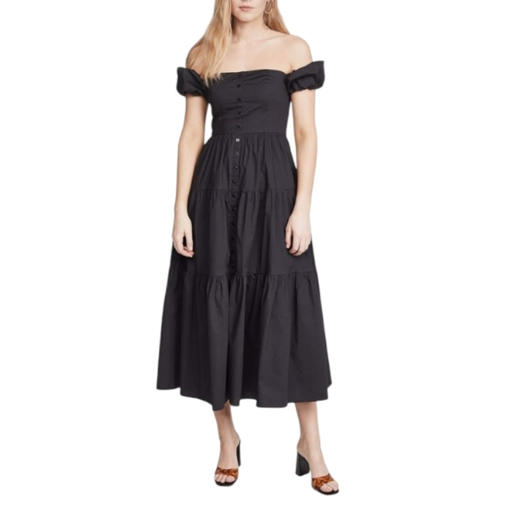 STAUD | Elio Puff-Sleeve Off-Shoulder Black Midi Dress Size 8